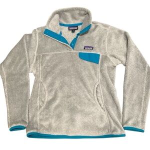 Patagonia women’s small pullover fleece gray with teal  1/4 snap fleece